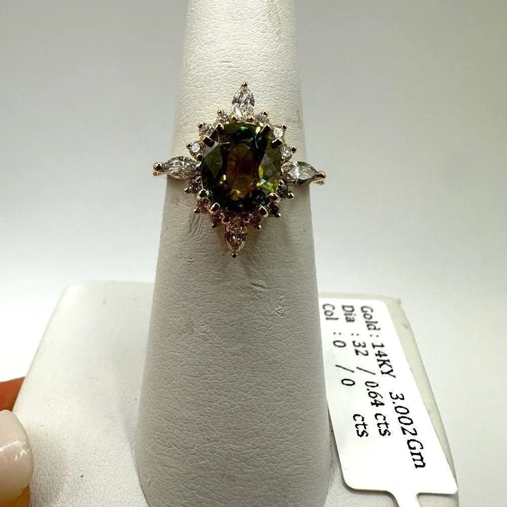NWT‎ 8.2x7.2mm Oval Cut Sphene with .64ctw diamonds in 14kt yellow gold ring!